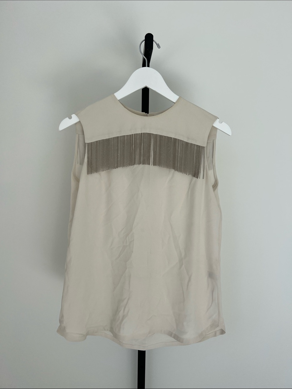 Brunello Cucinelli Cream Fringe-Trim Sleeveless Camisole